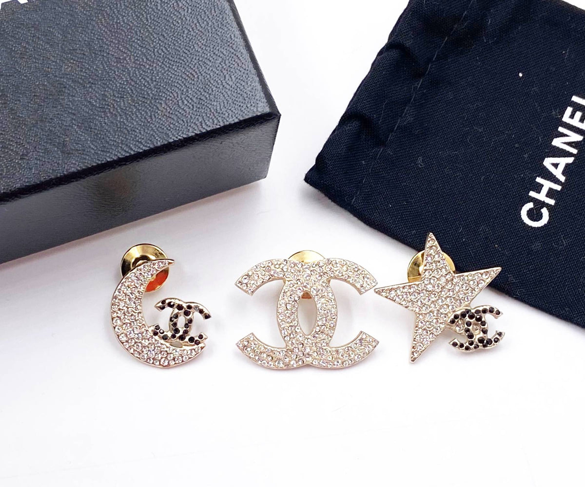 CHANEL Rare Gold CC Moon Star Black Crystal 3 Pins