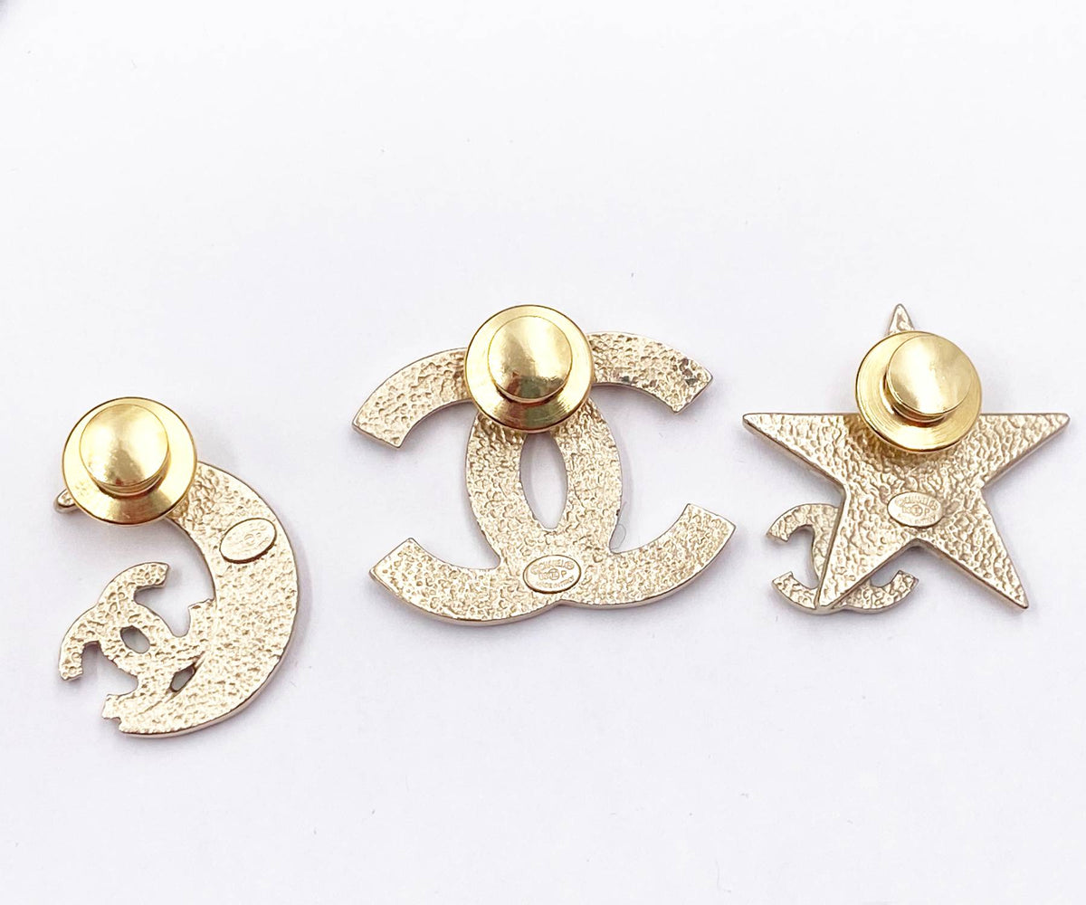 CHANEL Rare Gold CC Moon Star Black Crystal 3 Pins