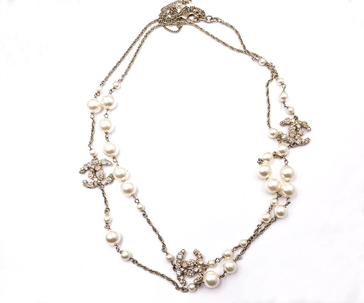 Top Quality Chanel gold CC Pastel Flower Crystal Pearl Long Necklace