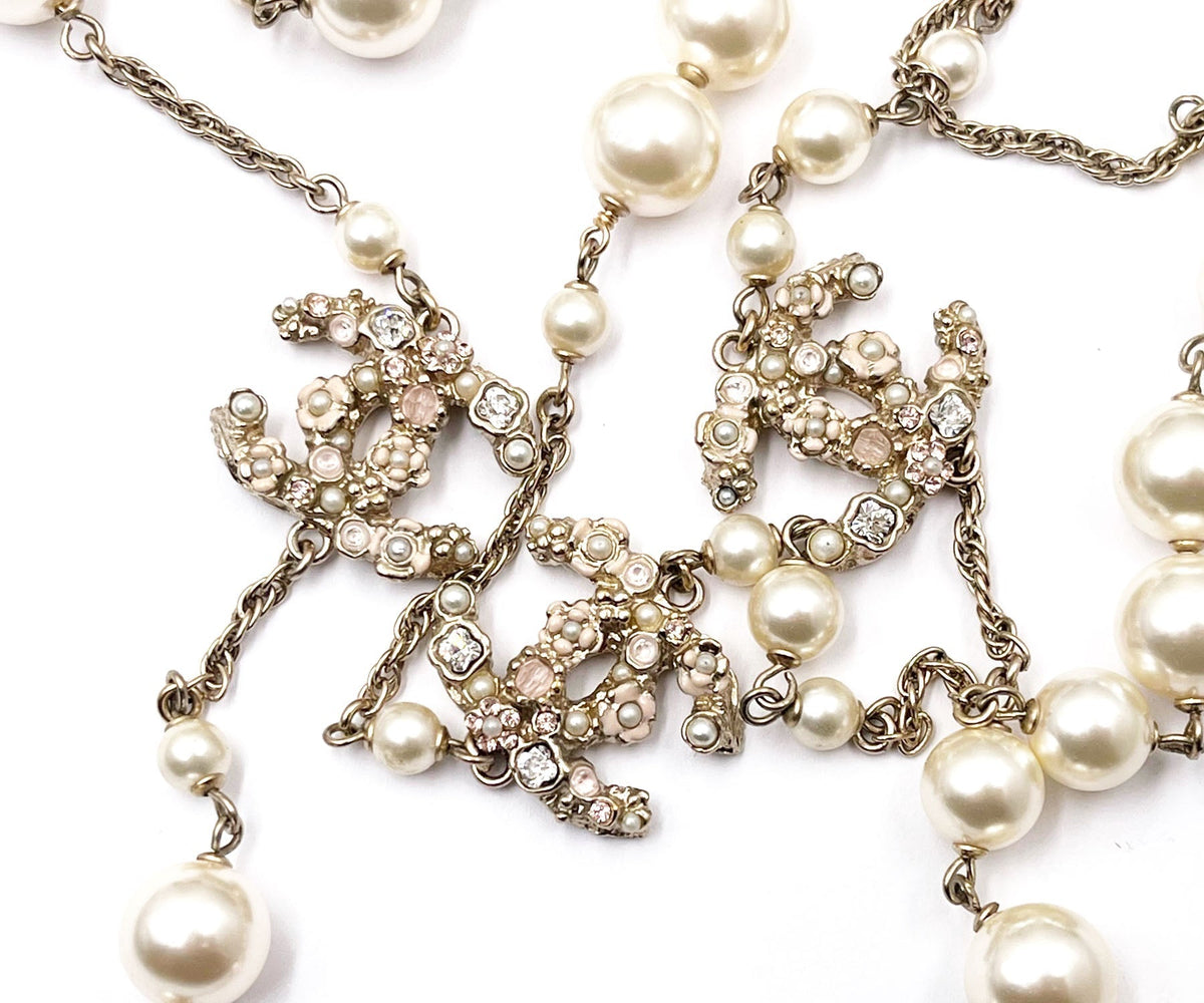 Top Quality Chanel gold CC Pastel Flower Crystal Pearl Long Necklace