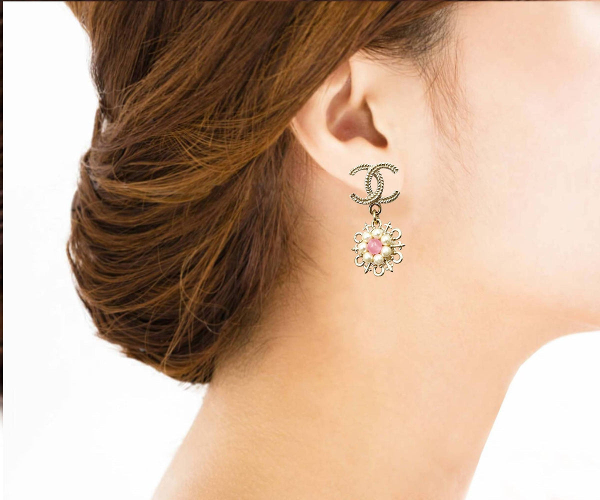 Top Quality Chanel Gold CC Pink Bead Pearl Wheel Piercing Earrings