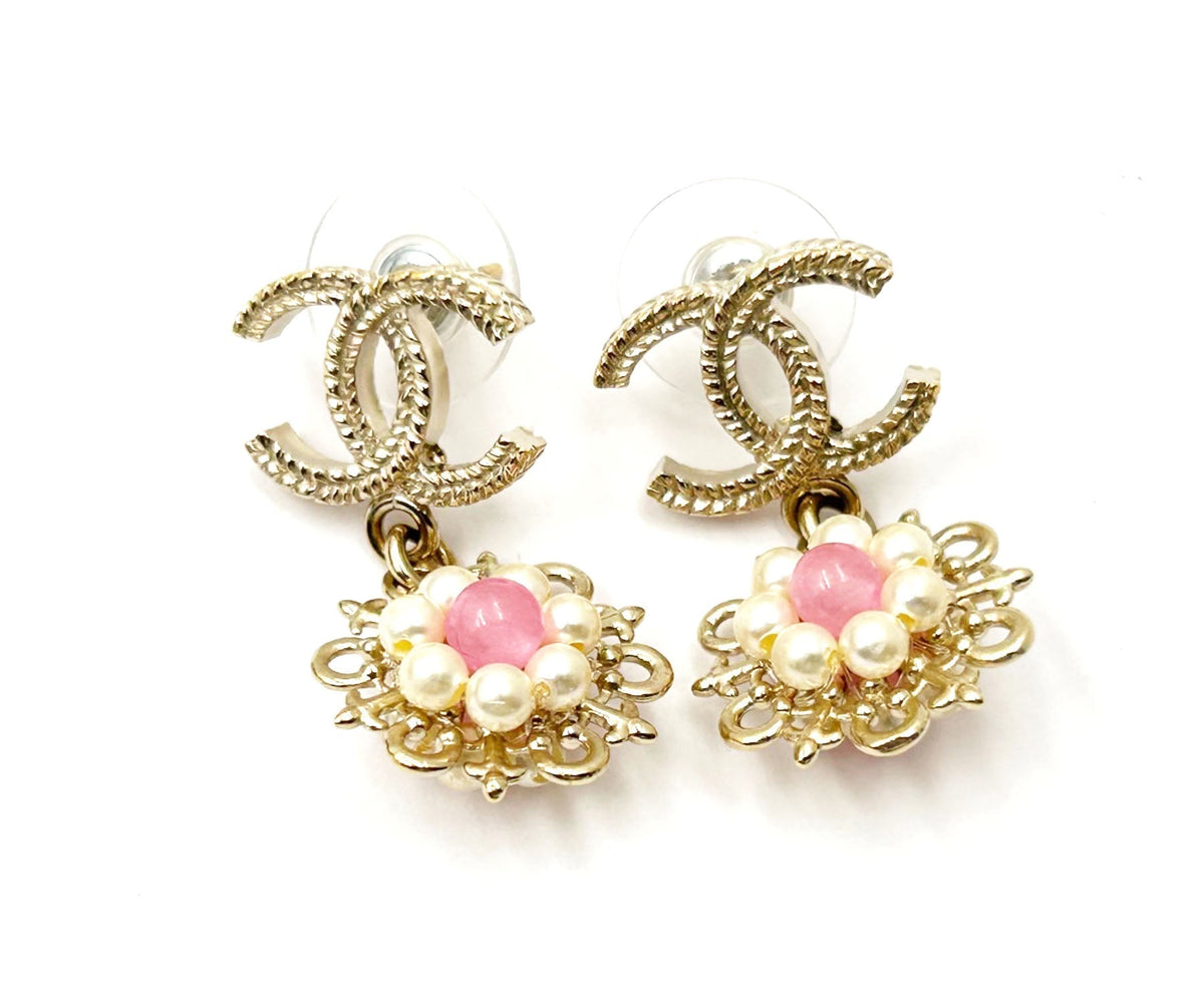 Top Quality Chanel Gold CC Pink Bead Pearl Wheel Piercing Earrings