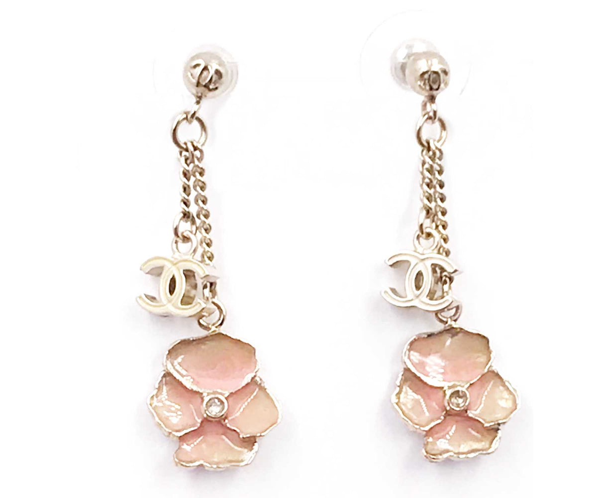 Top Quality Chanel Gold CC Pink Flower Dangle Piercing Earrings