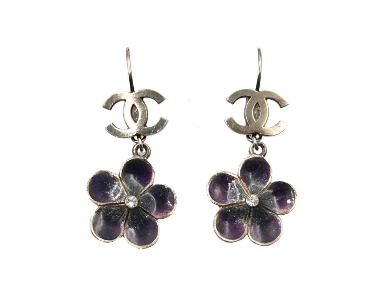 Top Quality Chanel Gold CC Purple Flower Lever Back Piercing Earrings