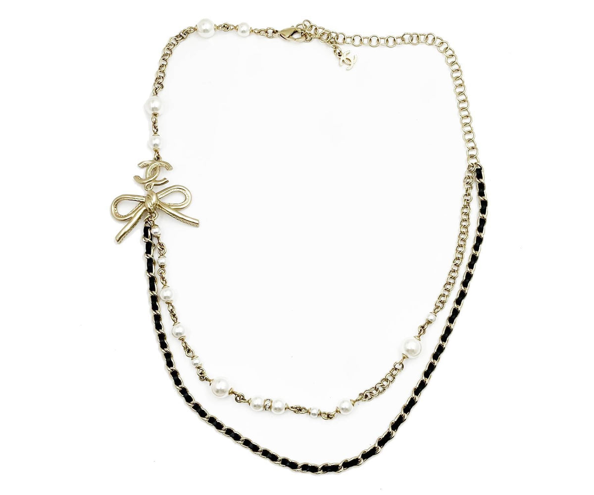 Top Quality Chanel Light Gold CC Ribbon Bow Pearl Leather Chain Short Necklace