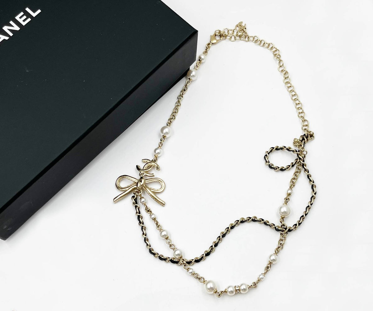 Top Quality Chanel Light Gold CC Ribbon Bow Pearl Leather Chain Short Necklace