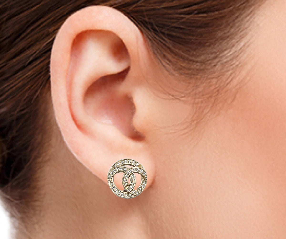 Top Quality Chanel Gold CC Round Crystal Piercing Earrings
