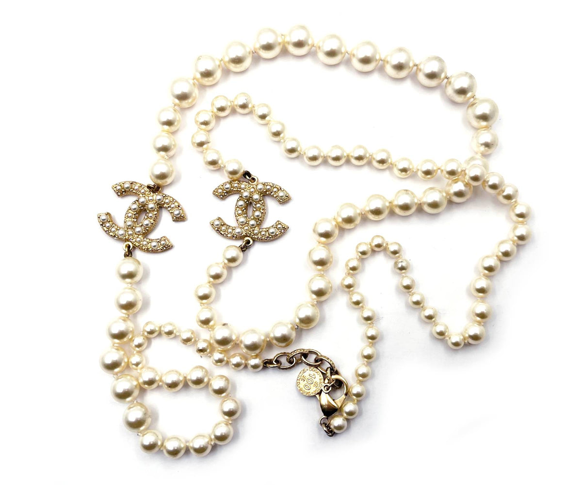 Top Quality Chanel Gold CC Scatter Pearl Pearl Long Necklace 100 yr Anniversary