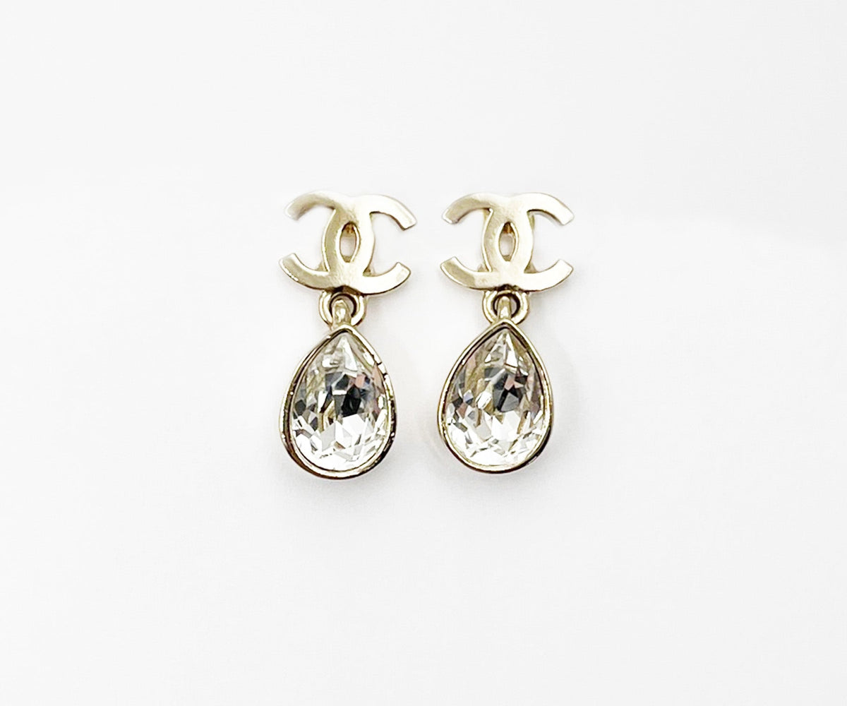 Top Quality Chanel Gold CC Tear Drop Crystal Dangle Piercing Earrings