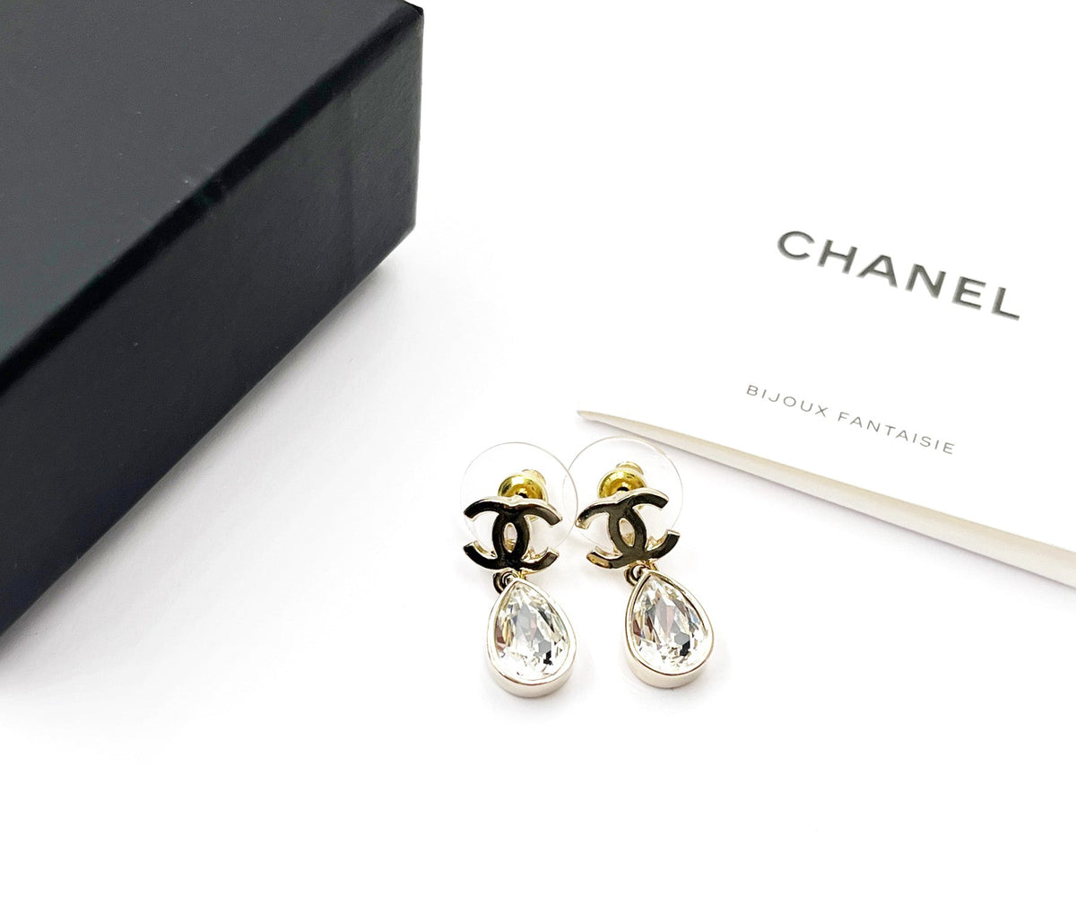 Top Quality Chanel Gold CC Tear Drop Crystal Dangle Piercing Earrings