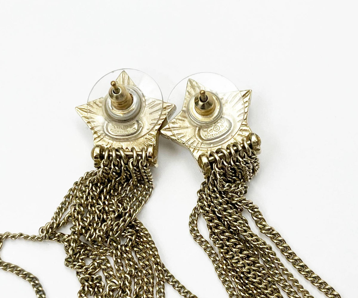 Top Quality Chanel Gold CC White Shooting Star Gold Chain Tassel Long Dangle Piercing Earrings