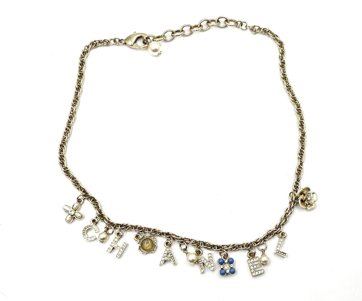 Top Quality Chanel Gold Letter Crystal Flower Pendants Chain Necklace