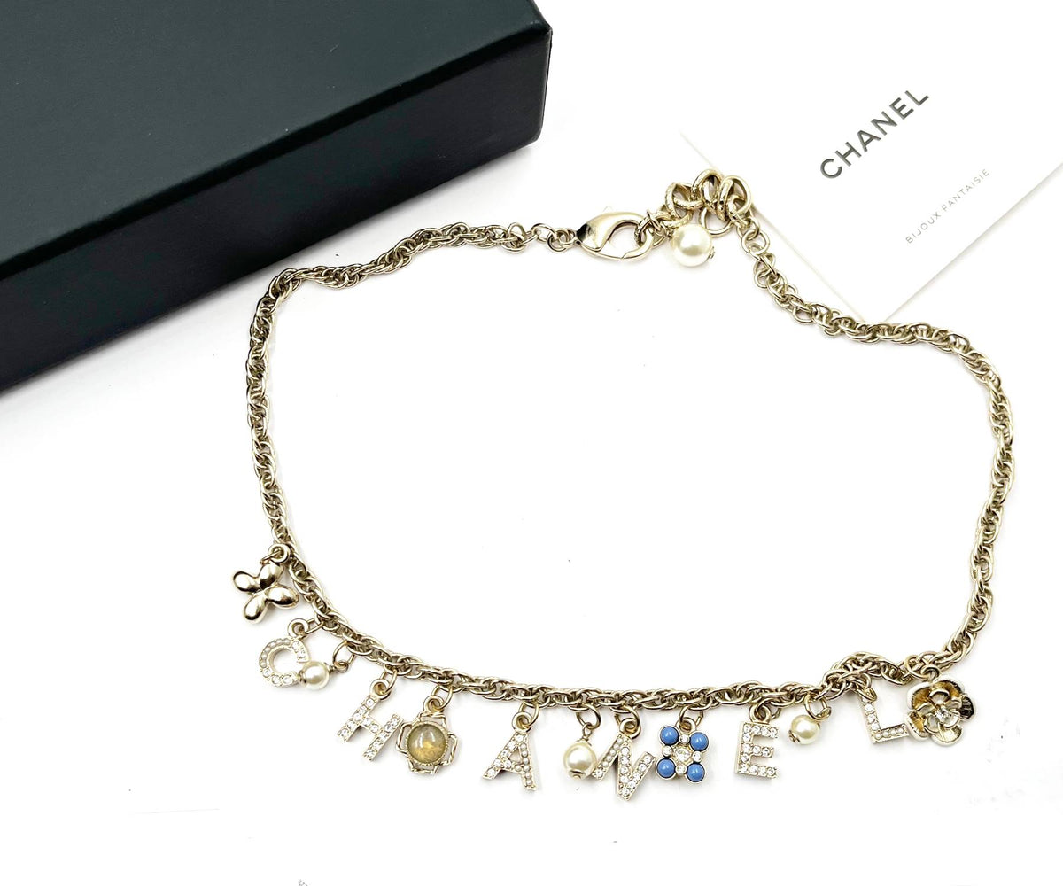Top Quality Chanel Gold Letter Crystal Flower Pendants Chain Necklace