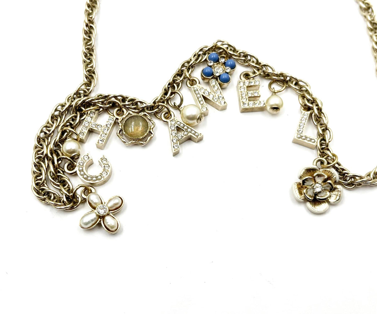Top Quality Chanel Gold Letter Crystal Flower Pendants Chain Necklace