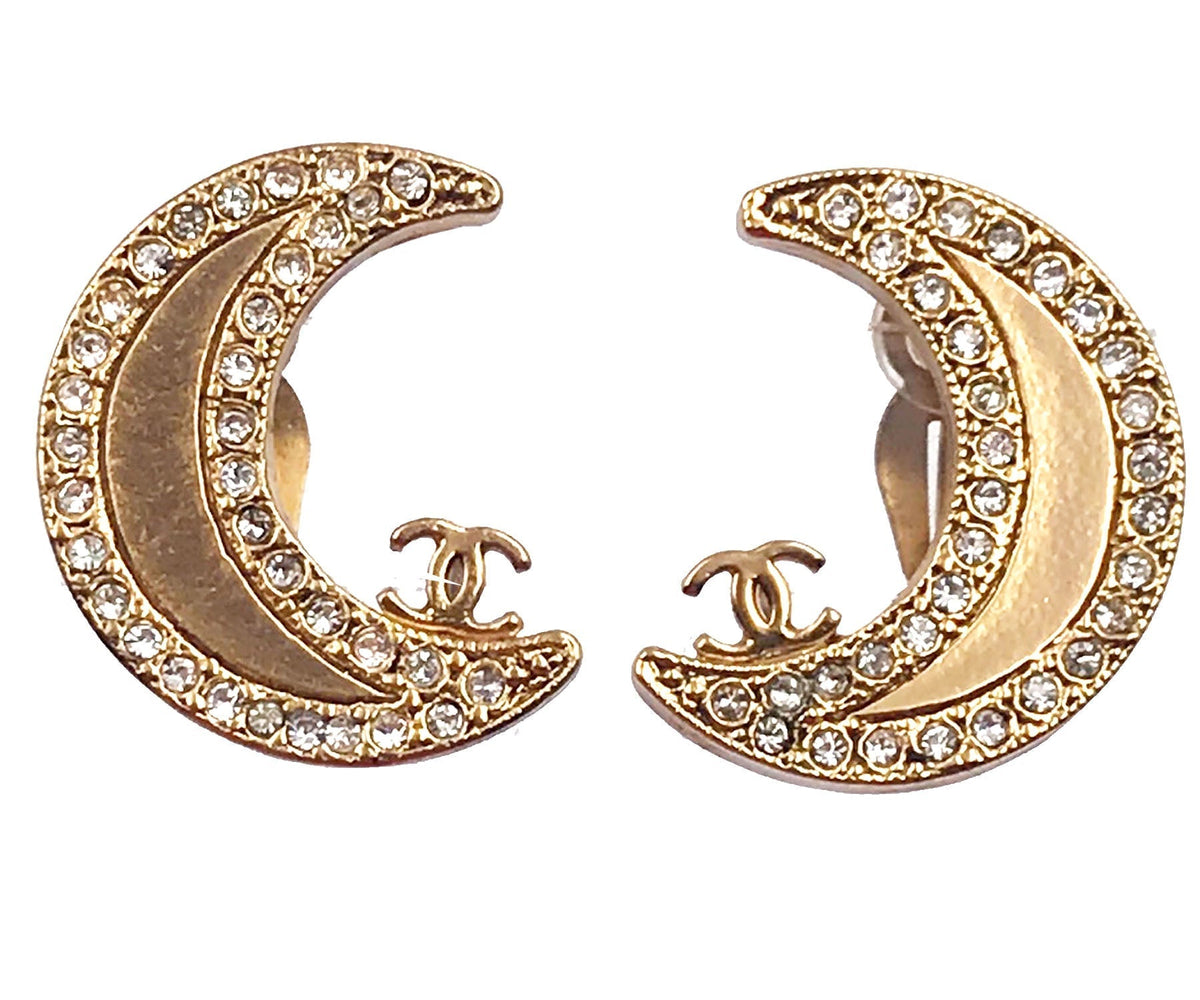 Top Quality Chanel Gold CC Moon Crystal Clip on Earrings
