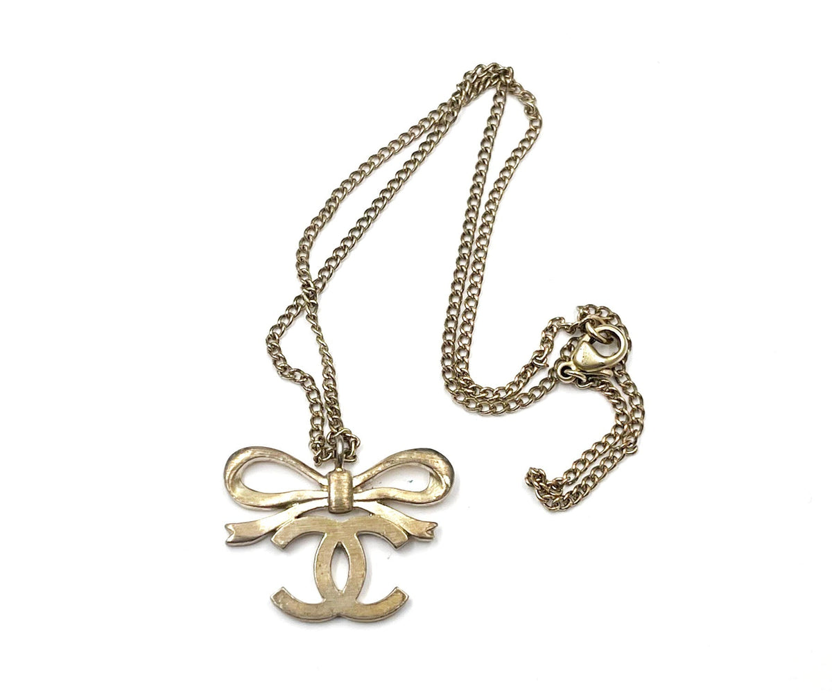 Top Quality Chanel Light Gold Ribbon Bow CC Necklace