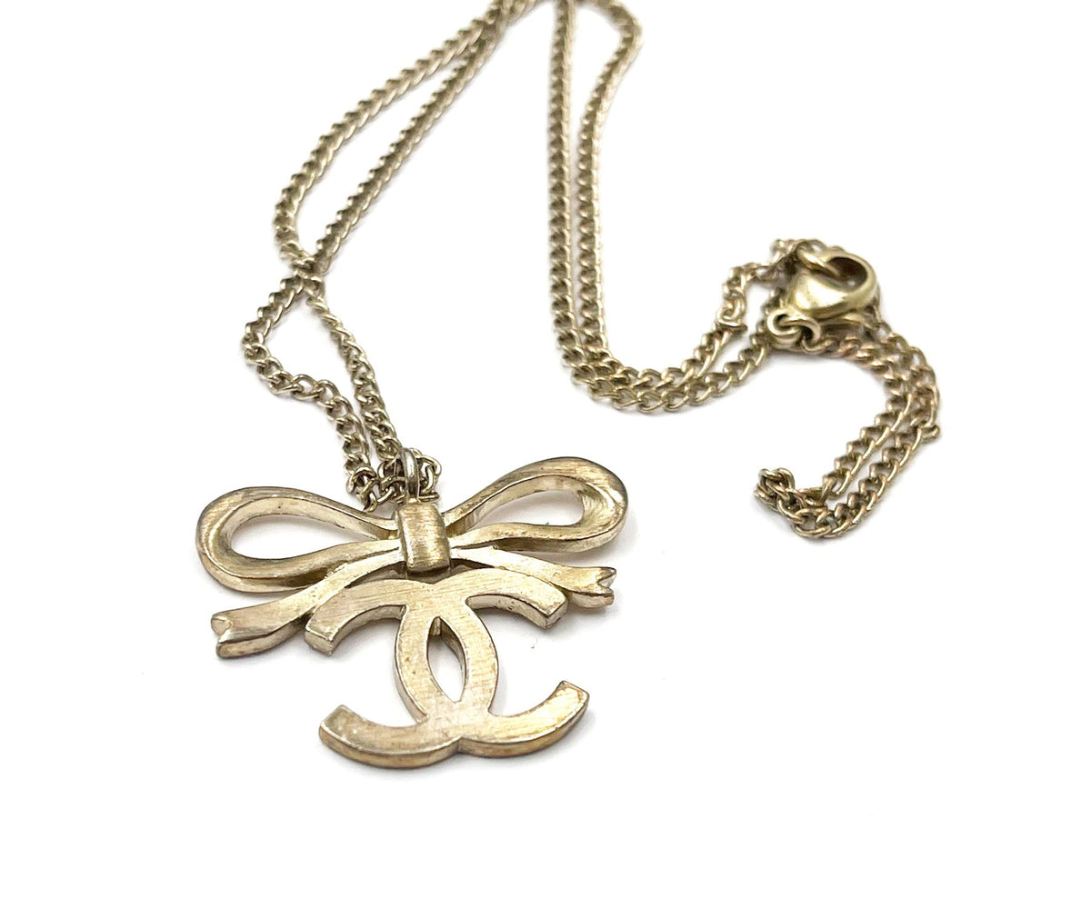 Top Quality Chanel Light Gold Ribbon Bow CC Necklace