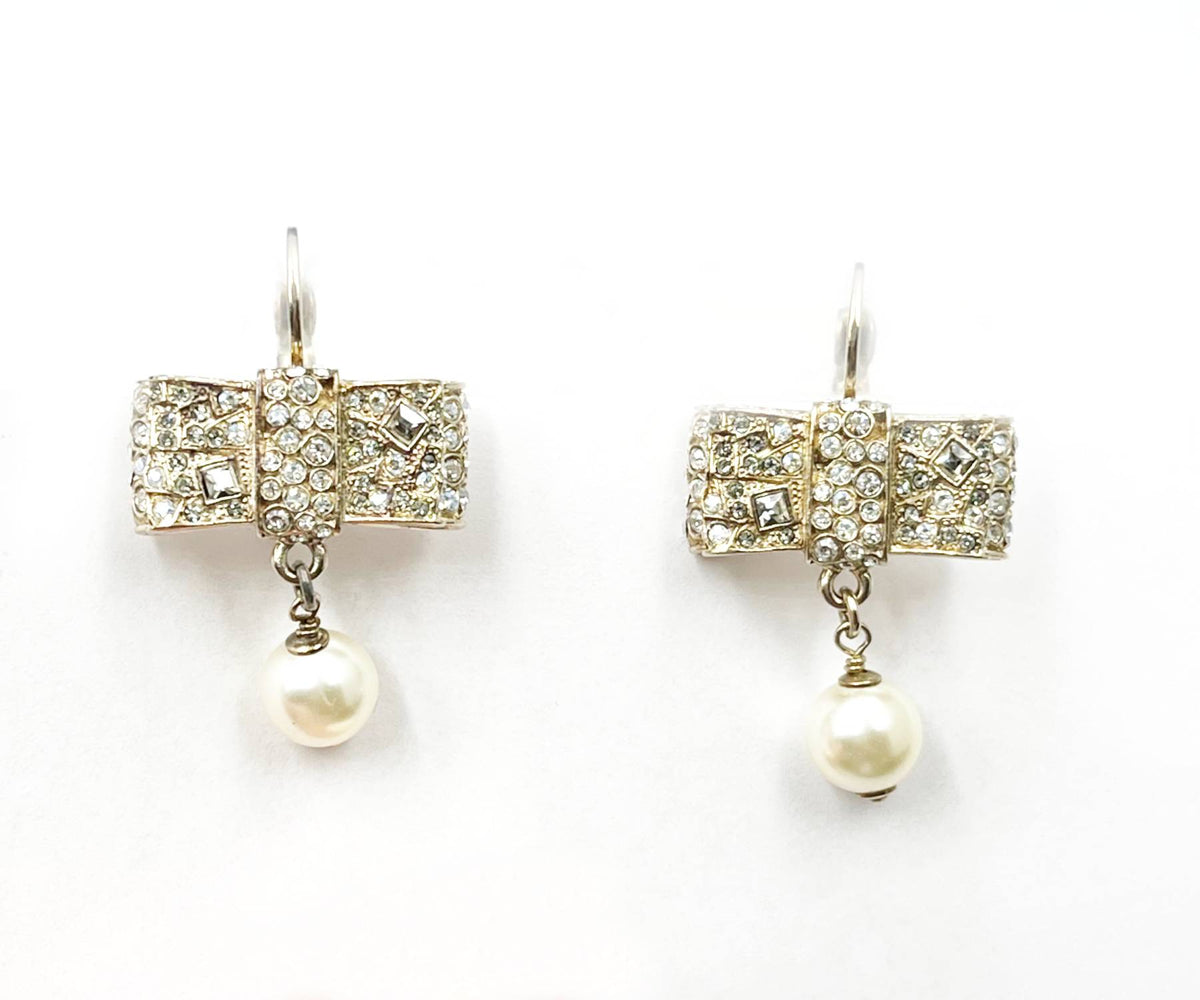 Top Quality Chanel Gold CC Ribbon Bow Round Princess Crystal Pearl Dangle Lever Back Earrings