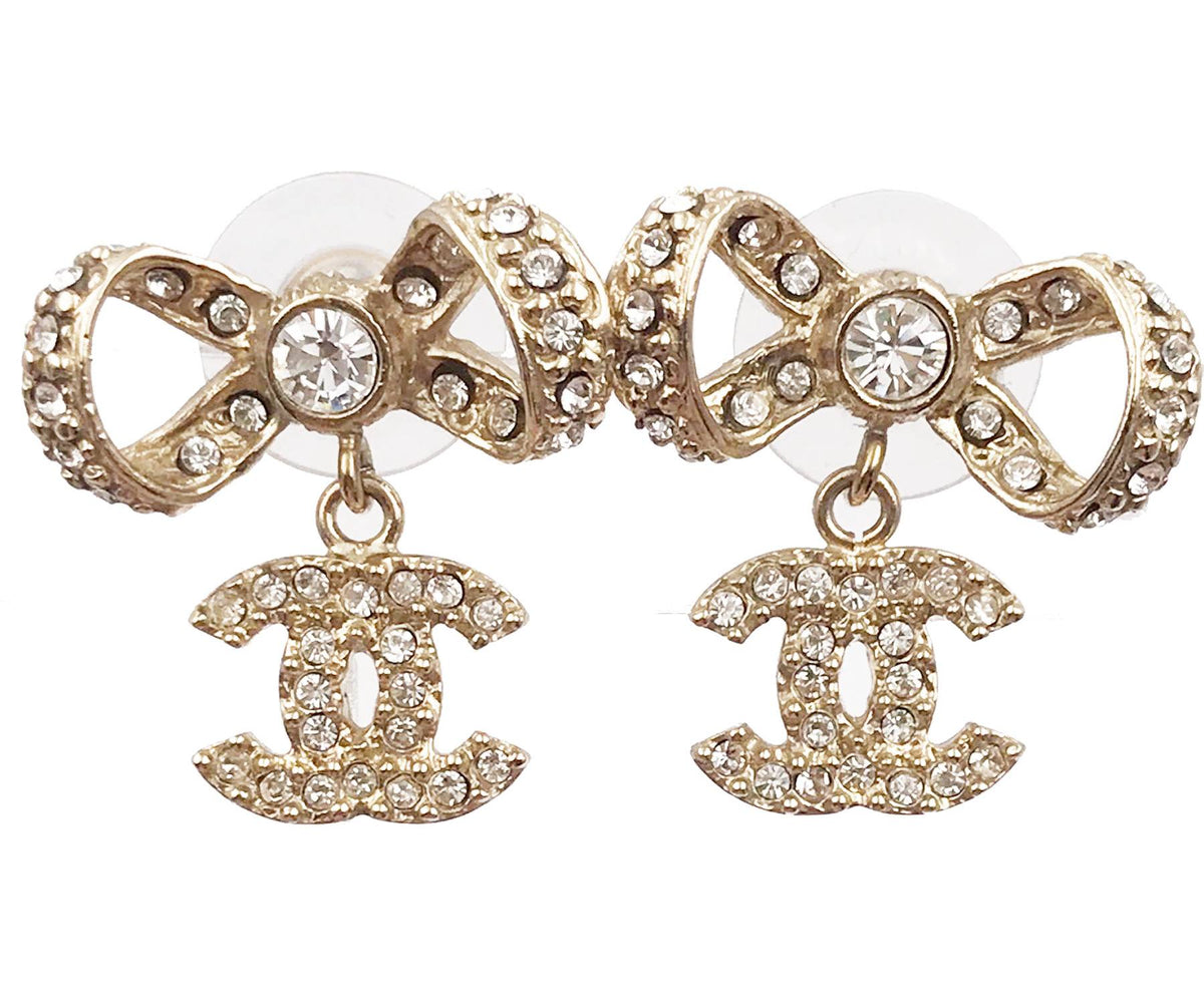 Top Quality Chanel Light Gold Ribbon Bow CC Crystal Piercing Earrings