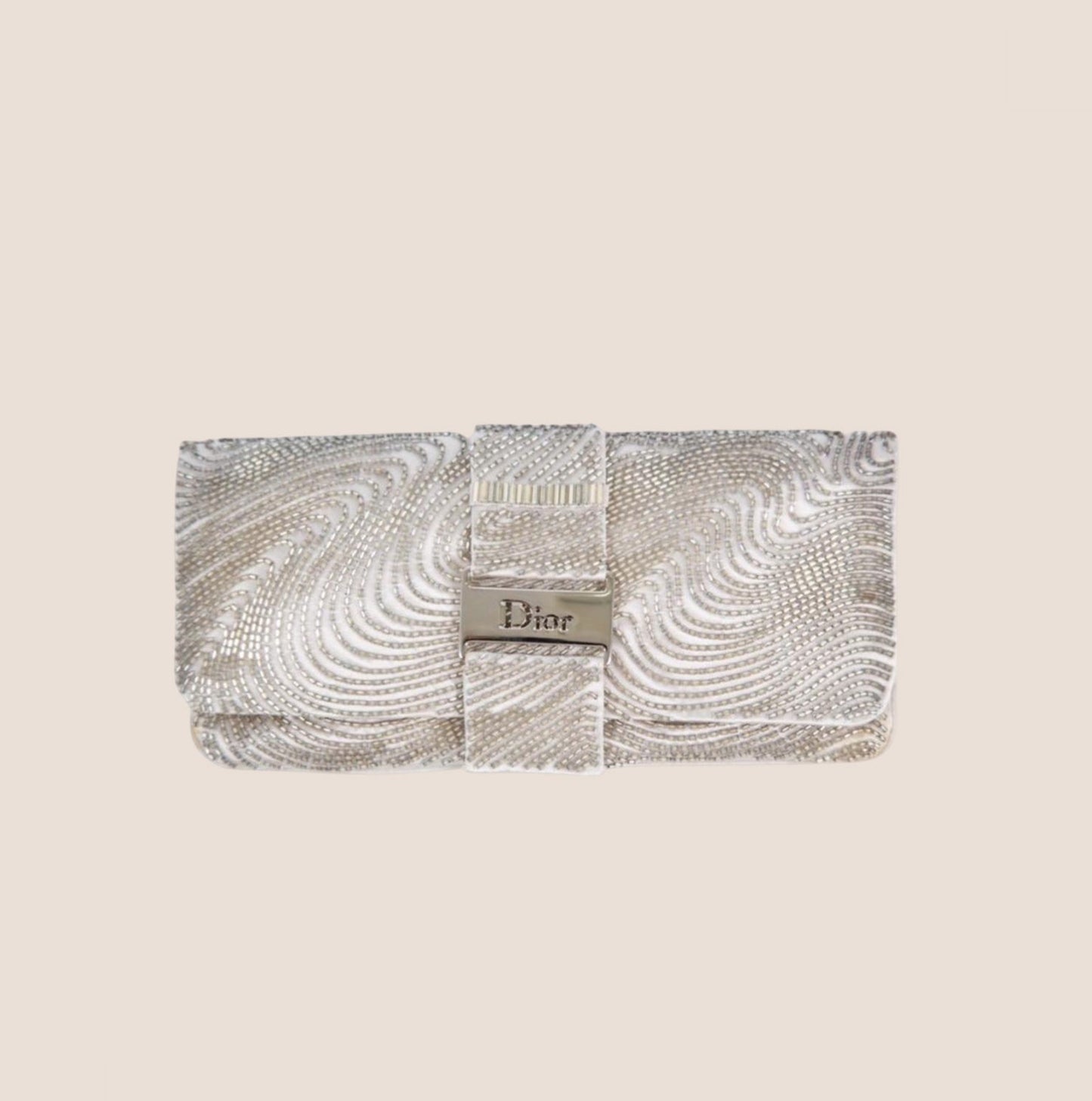 CHRISTIAN DIOR BEADED SILVER SATIN LOGO CLUTCH