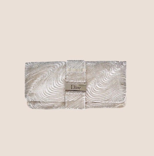 CHRISTIAN DIOR BEADED SILVER SATIN LOGO CLUTCH