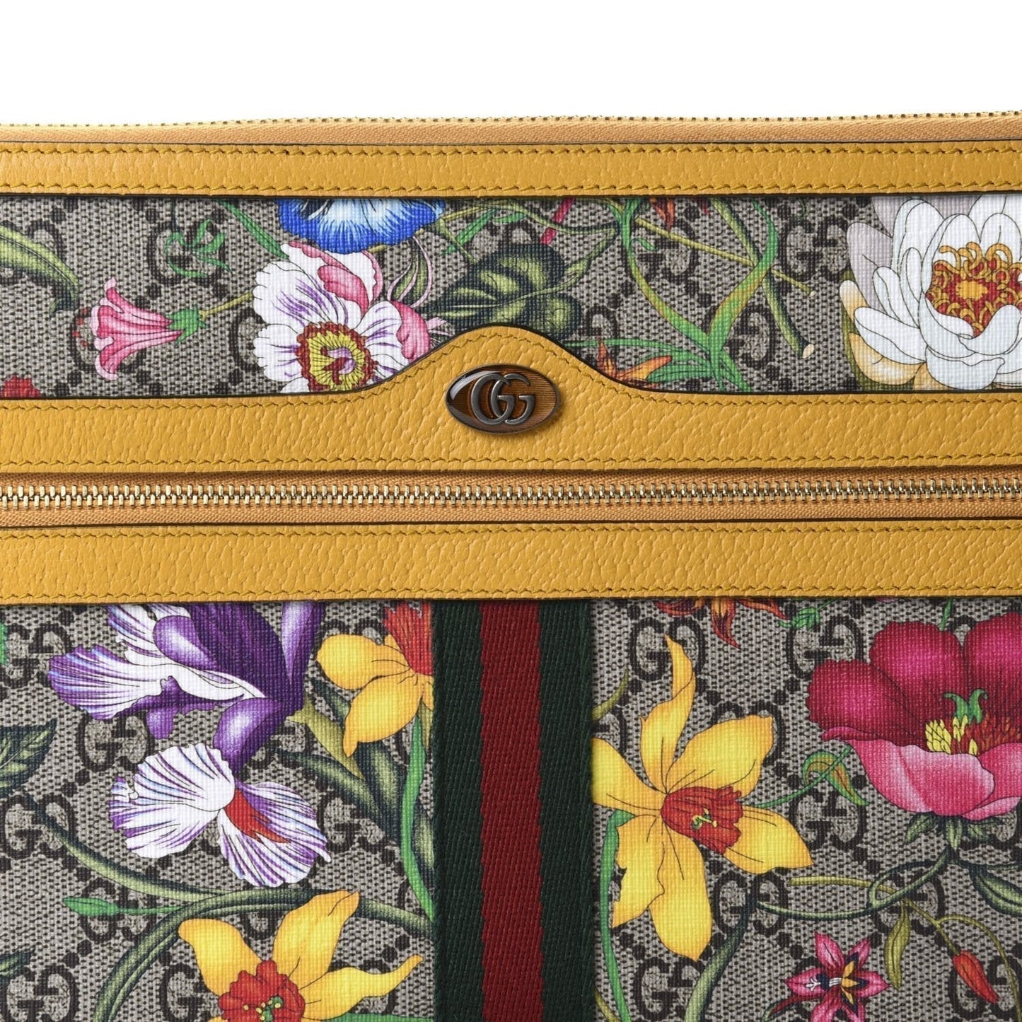 Gucci Ophidia Yellow Leather Supreme Canvas Flora Large Pouch Clutch Bag 517551