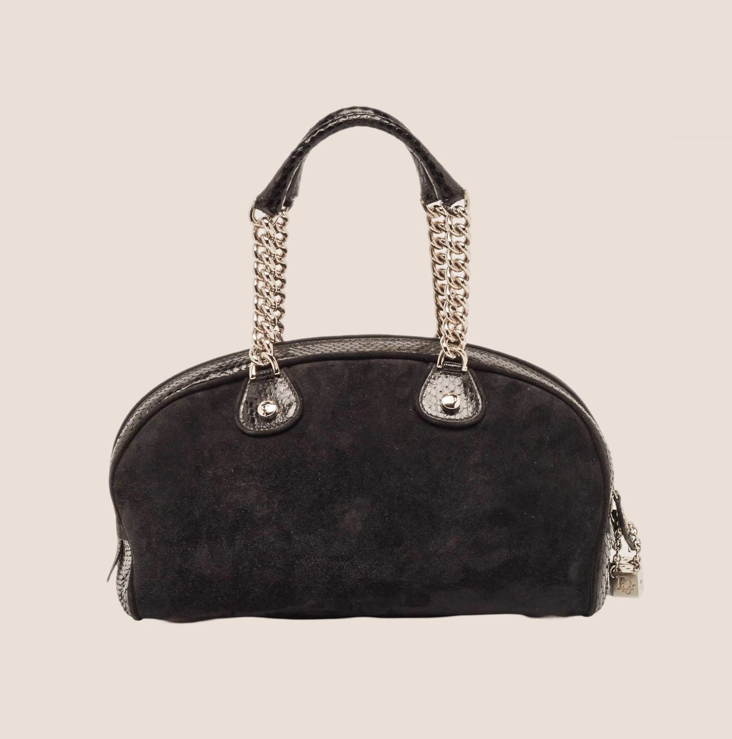 CHRISTIAN DIOR 2004 PYTHON TRIMMED BLACK SUEDE GAMBLER DICE BOWLER BAG