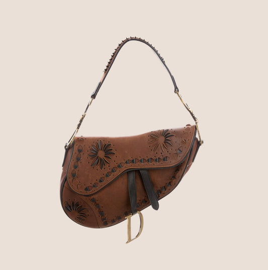 CHRISTIAN DIOR BROWN LEATHER FLORAL LASER CUT SADDLE BAG