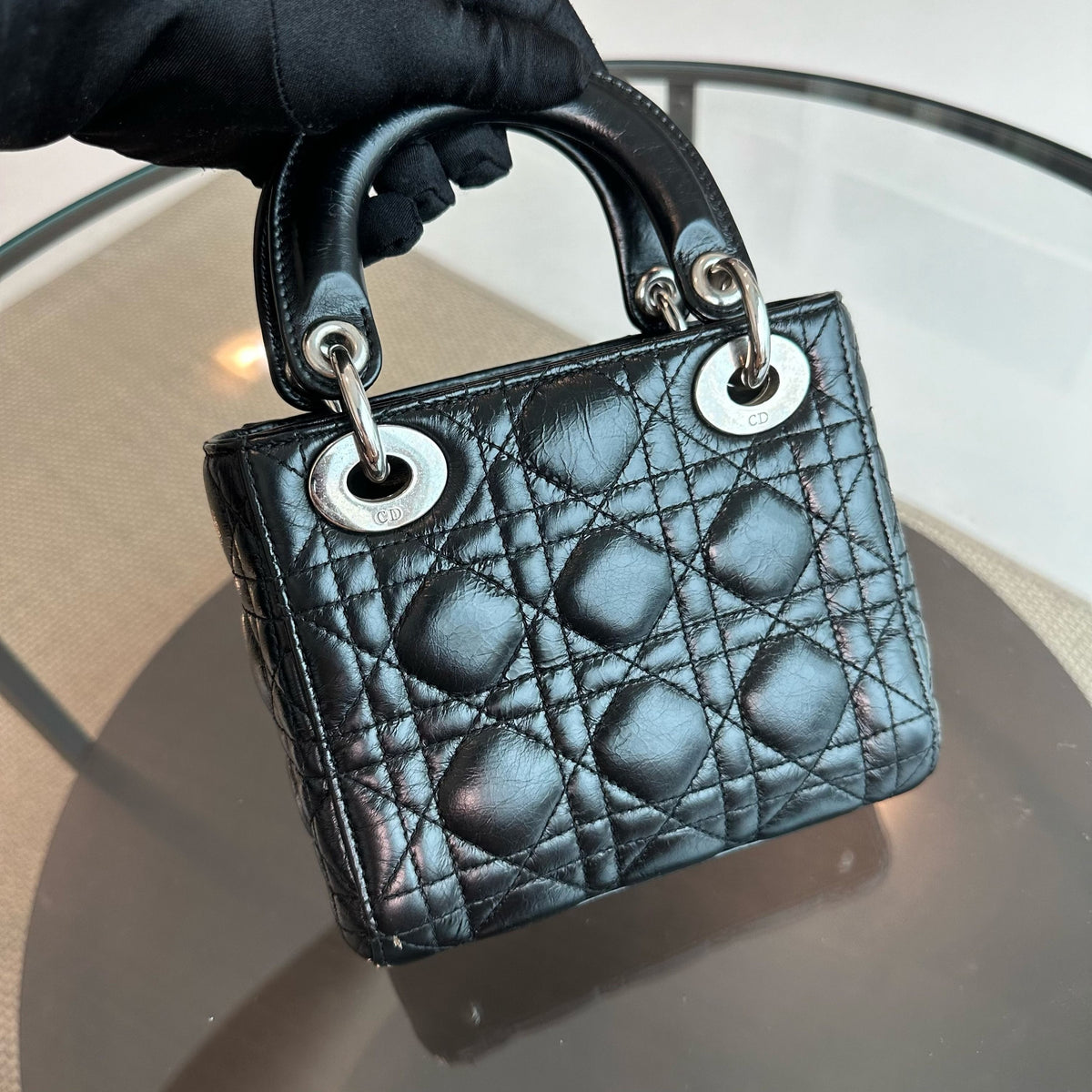 *Glazed calfskin, Chain version* Lady Mini Glazed Calfskin Chain Black SHW