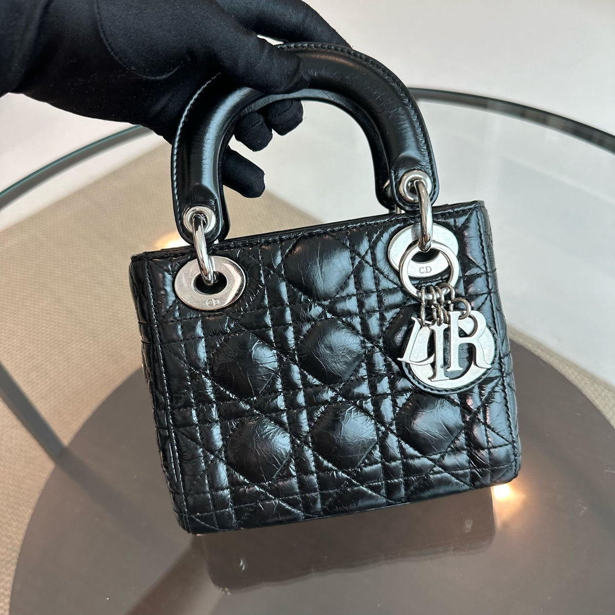 *Glazed calfskin, Chain version* Lady Mini Glazed Calfskin Chain Black SHW
