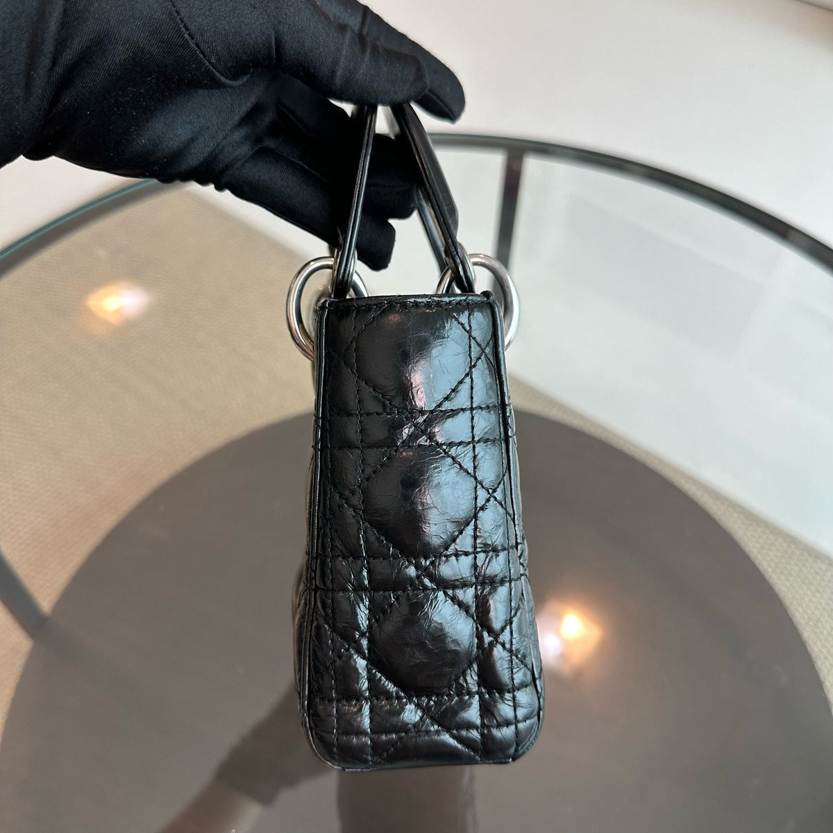 *Glazed calfskin, Chain version* Lady Mini Glazed Calfskin Chain Black SHW