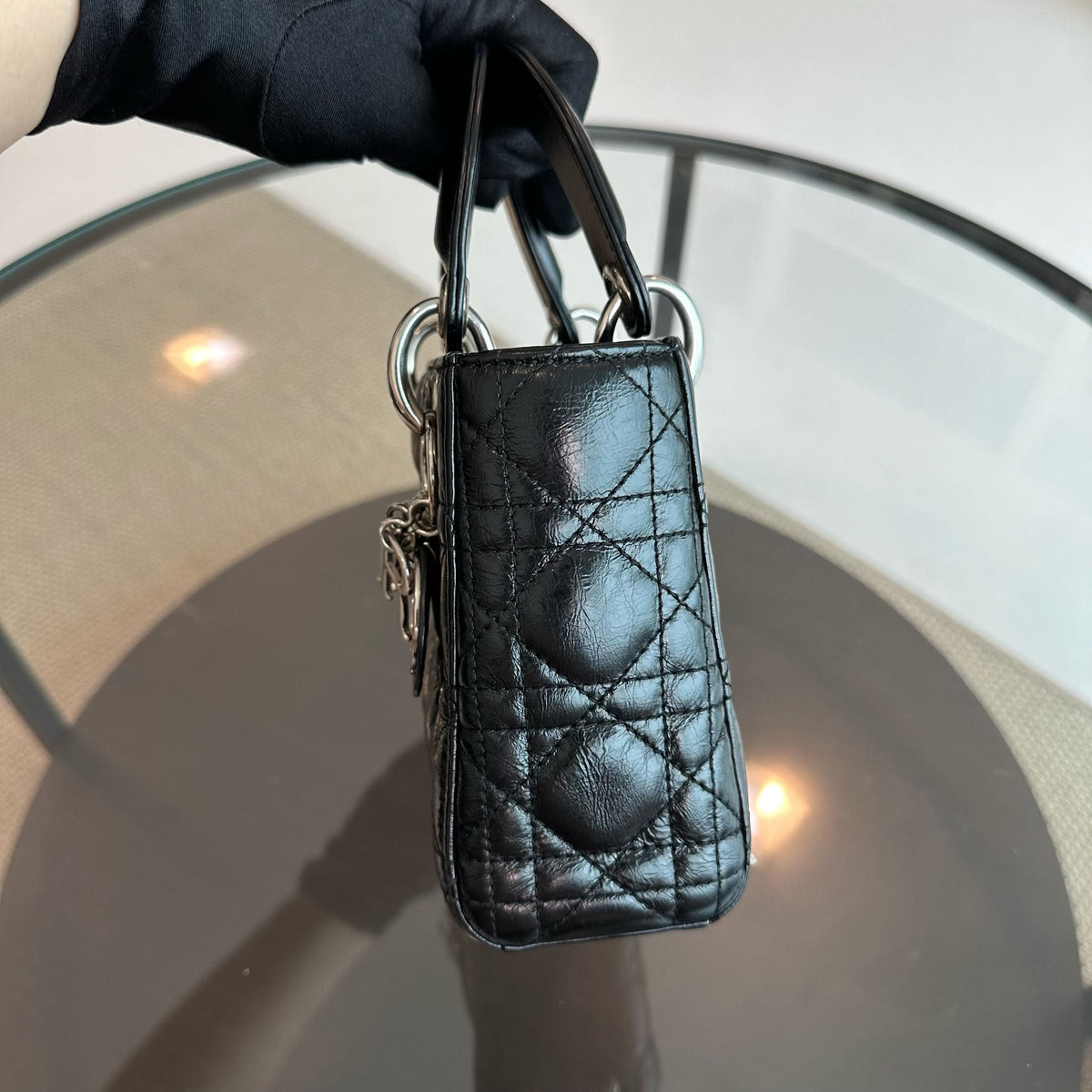 *Glazed calfskin, Chain version* Lady Mini Glazed Calfskin Chain Black SHW