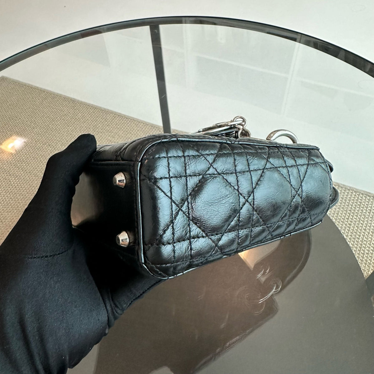 *Glazed calfskin, Chain version* Lady Mini Glazed Calfskin Chain Black SHW