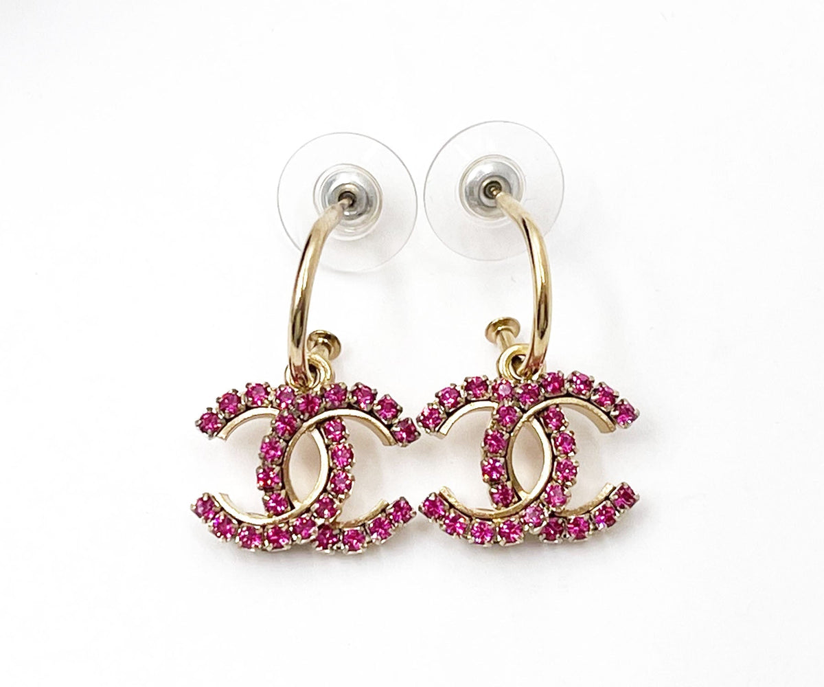 Top Quality Chanel Gold Plated CC Fuchsia Crystal Hoop Piercing Earrings