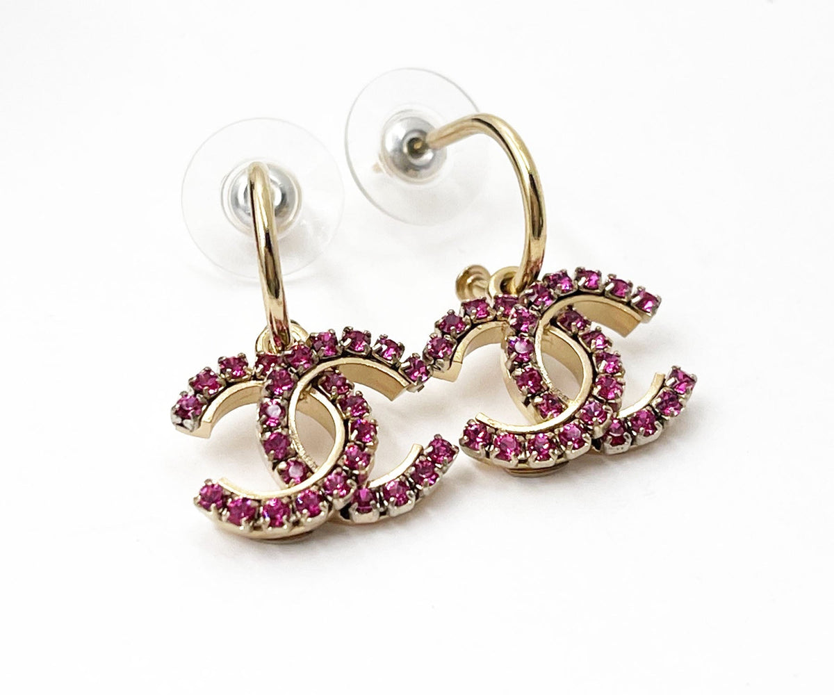 Top Quality Chanel Gold Plated CC Fuchsia Crystal Hoop Piercing Earrings