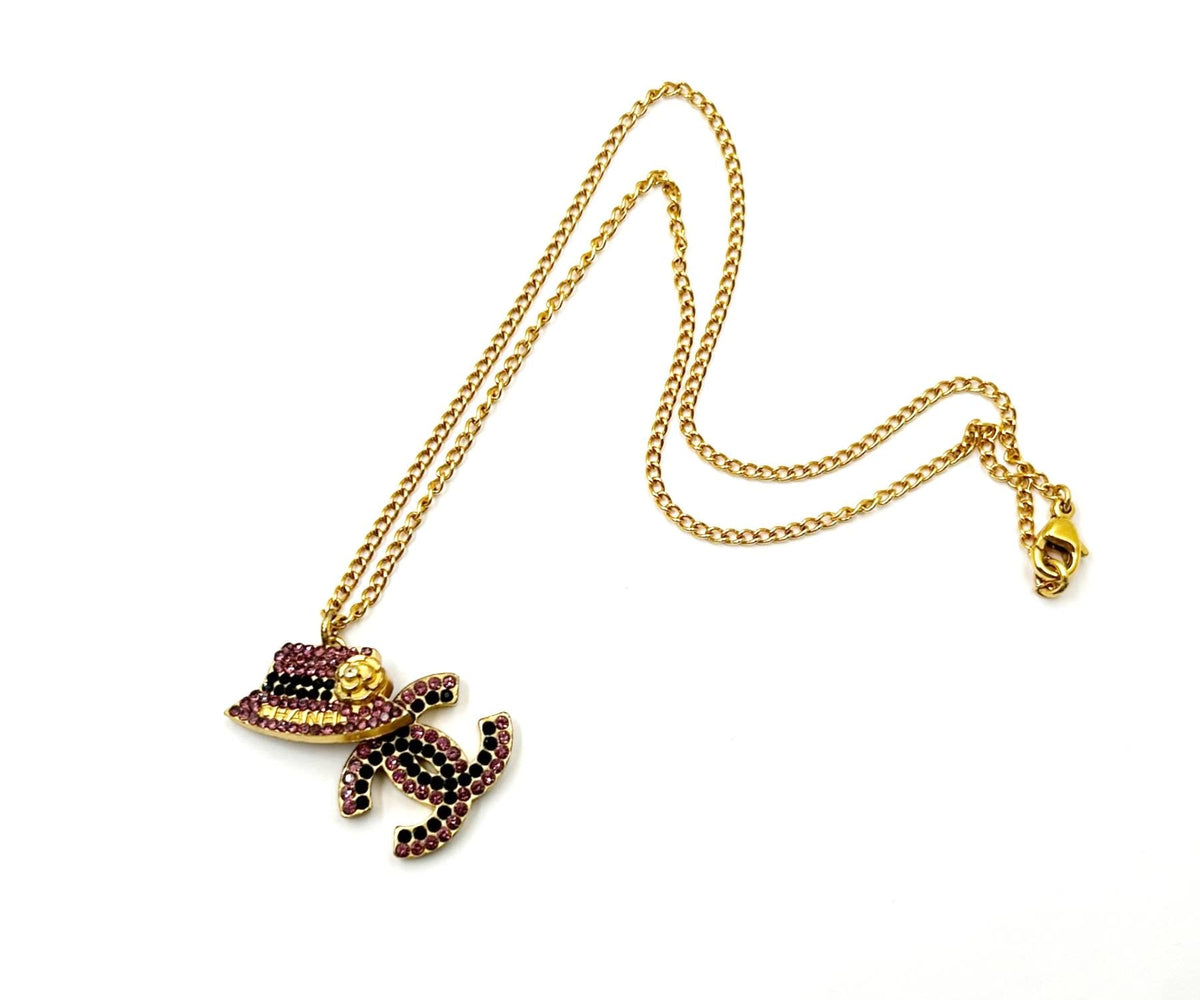 Top Quality Chanel Gold Plated CC Hat Black Fuchsia Crystal Necklace