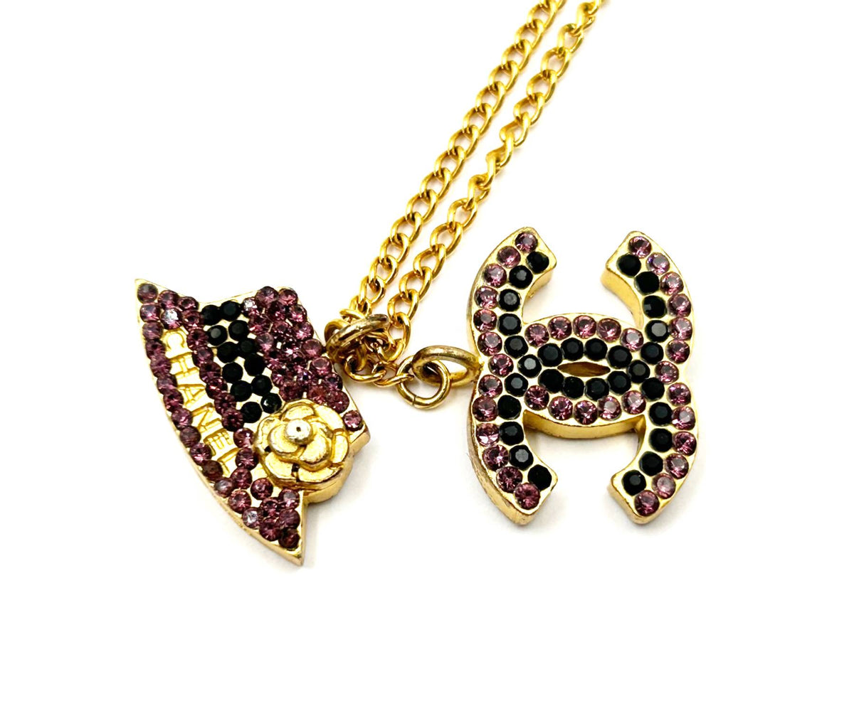 Top Quality Chanel Gold Plated CC Hat Black Fuchsia Crystal Necklace