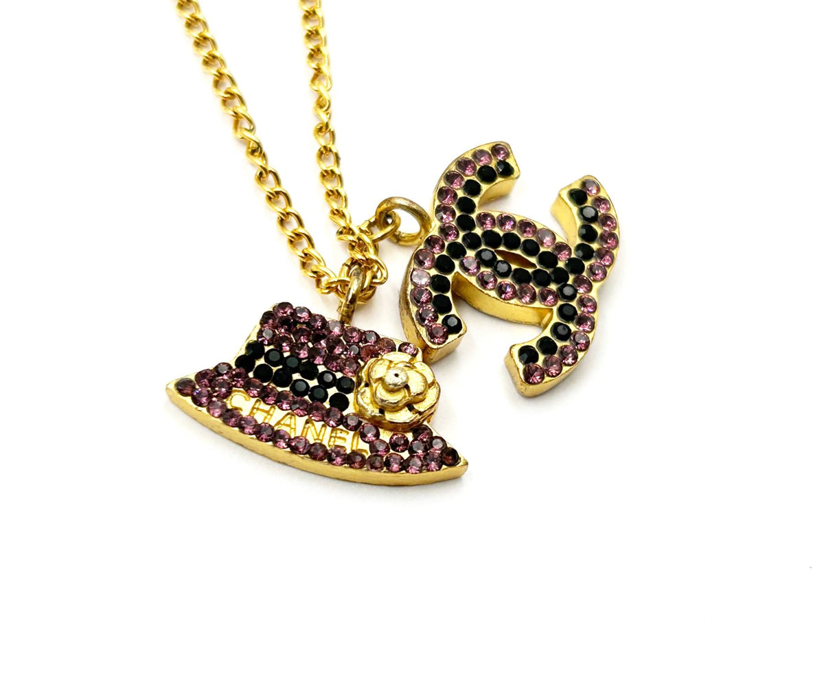 Top Quality Chanel Gold Plated CC Hat Black Fuchsia Crystal Necklace
