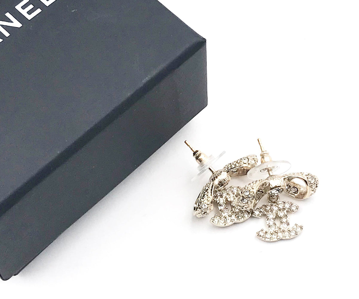 Top Quality Chanel Light Gold Ribbon Bow CC Crystal Piercing Earrings