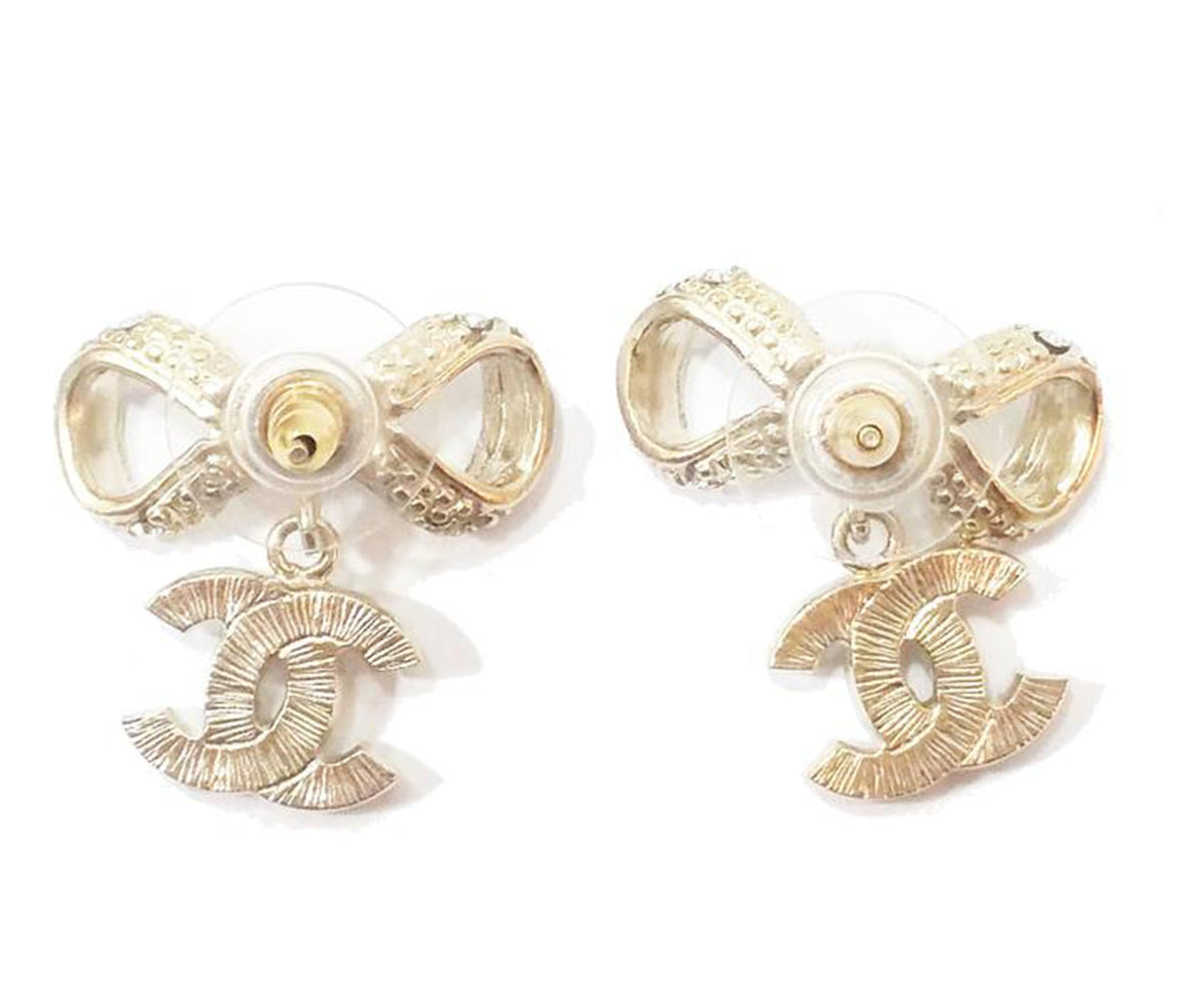 Top Quality Chanel Light Gold Ribbon Bow CC Crystal Piercing Earrings