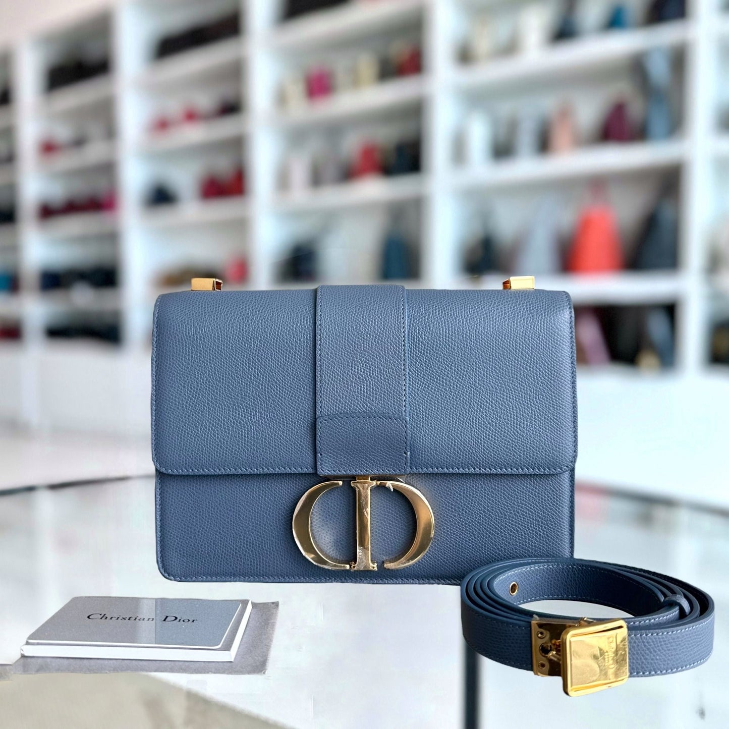 *Grained Calf* Montainge 30 Grained Calfskin Medium Blue Shoulder Bag GHW