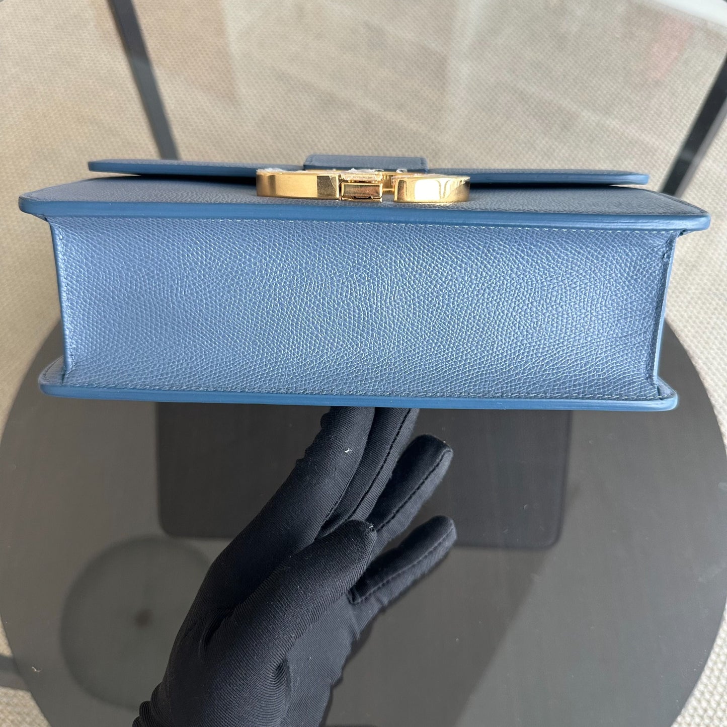*Grained Calf* Montainge 30 Grained Calfskin Medium Blue Shoulder Bag GHW