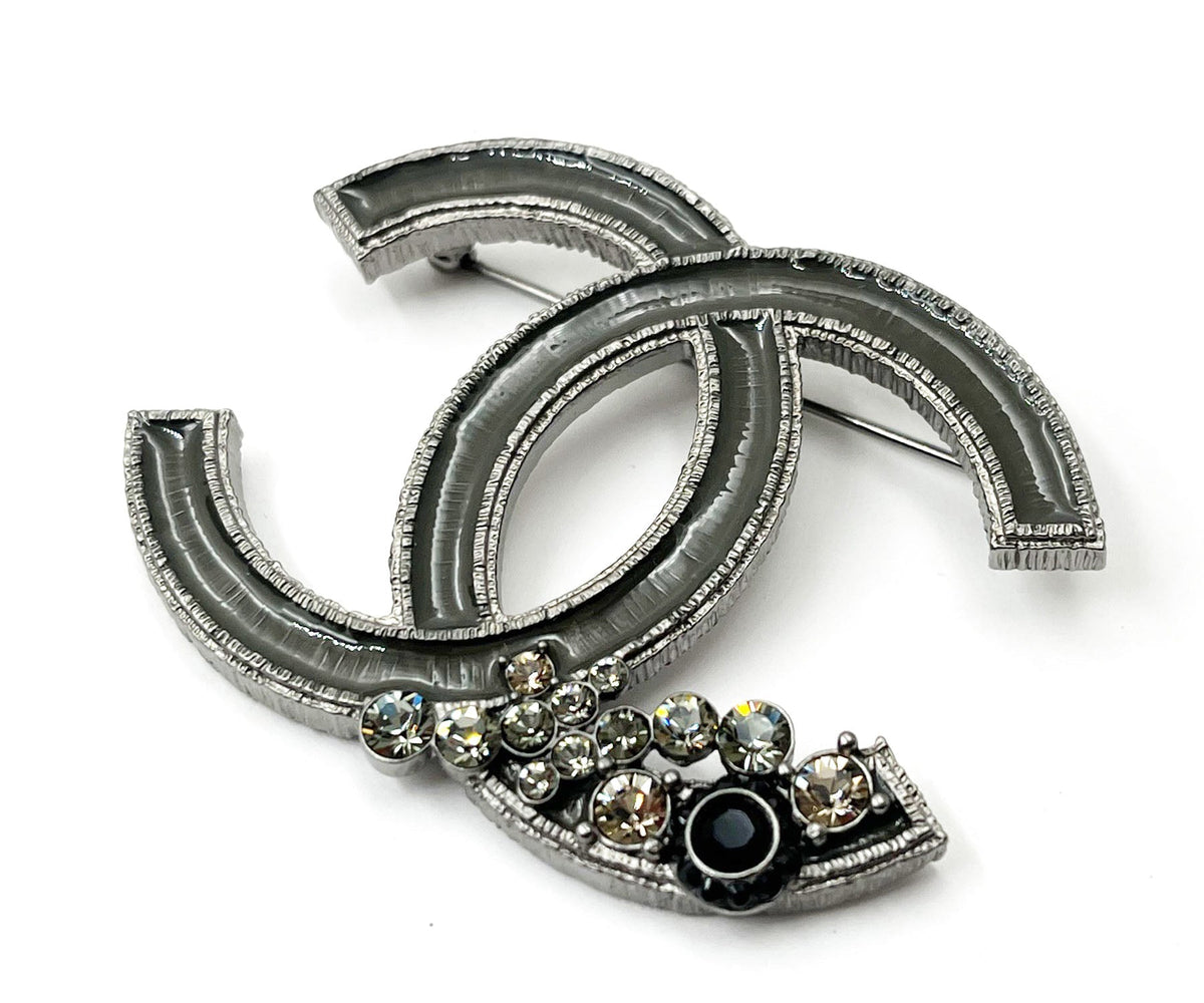 Top Quality Chanel Grey Enamel CC Corner Crystals Large Brooch