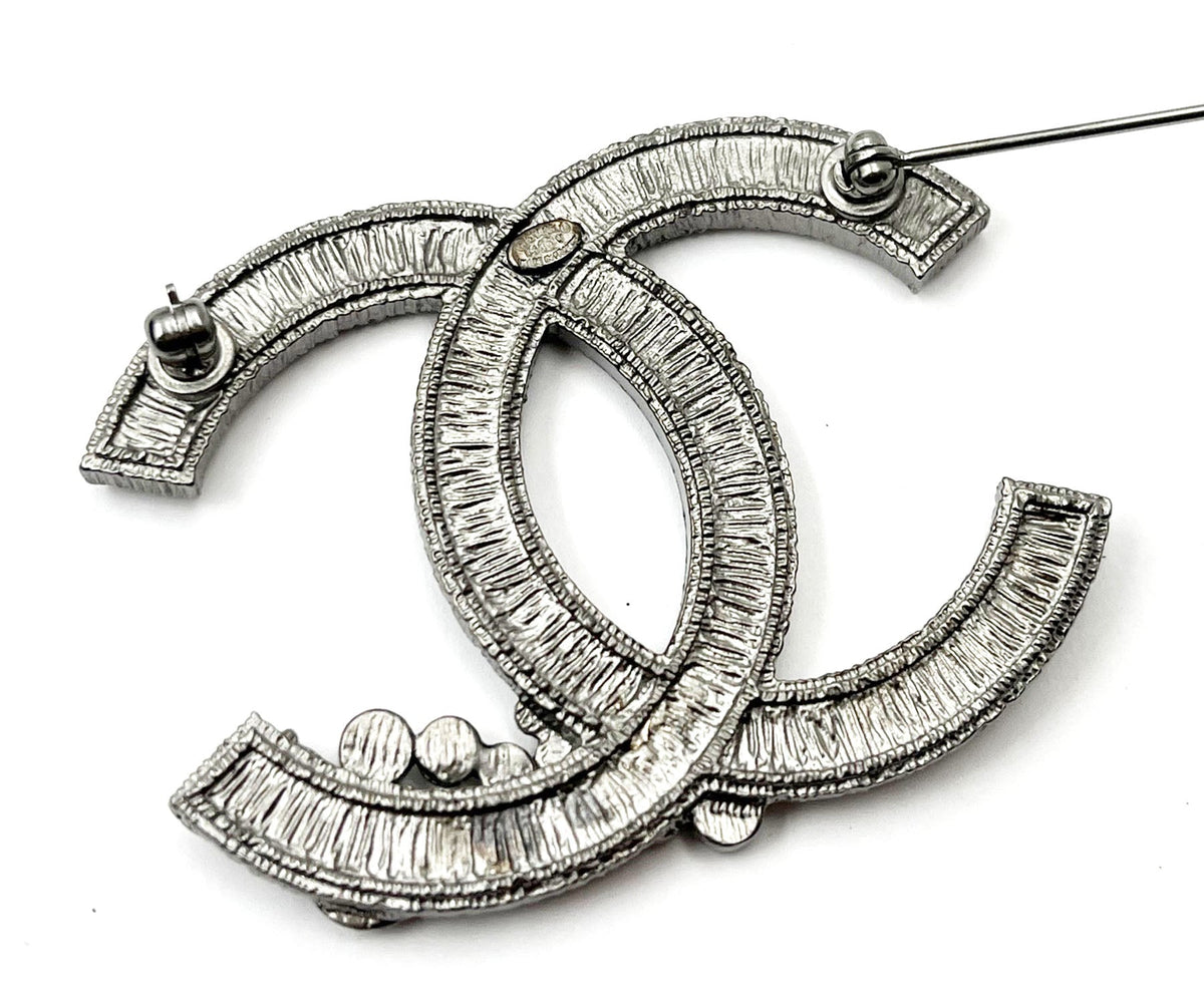 Top Quality Chanel Grey Enamel CC Corner Crystals Large Brooch