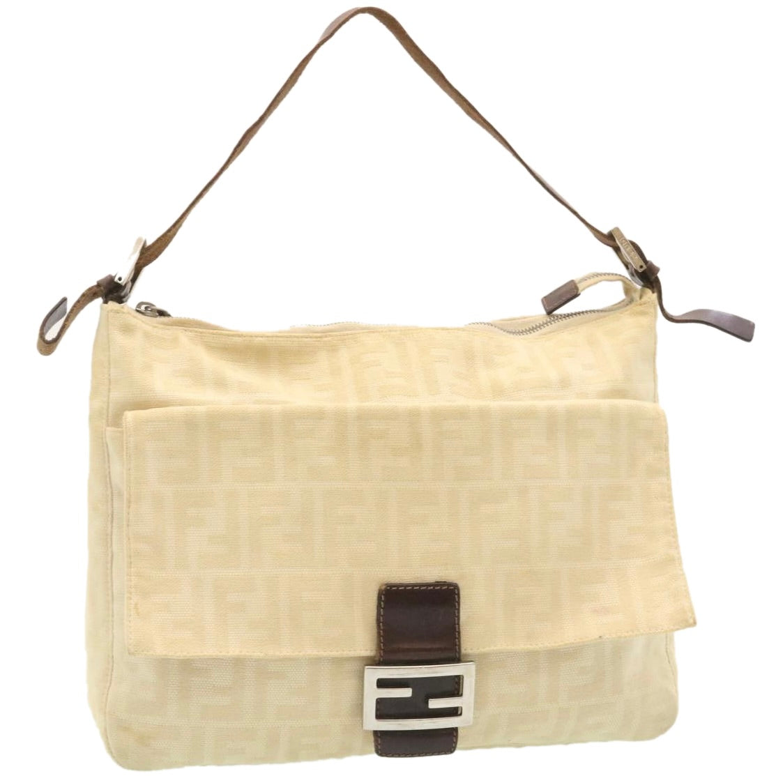 FENDI Zucca Canvas Mamma Baguette Shoulder Bag Beige Auth