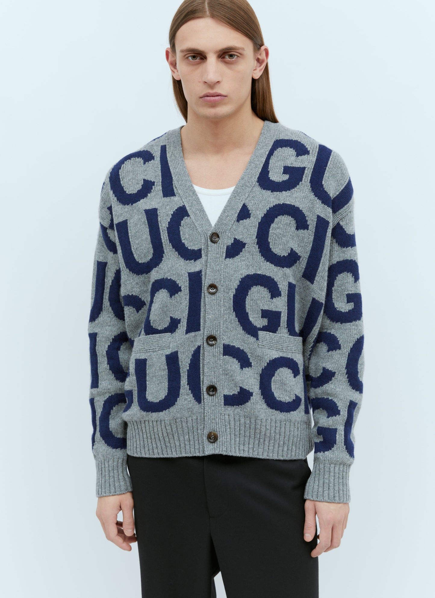 Gucci Men Logo Intarsia Wool Cardigan