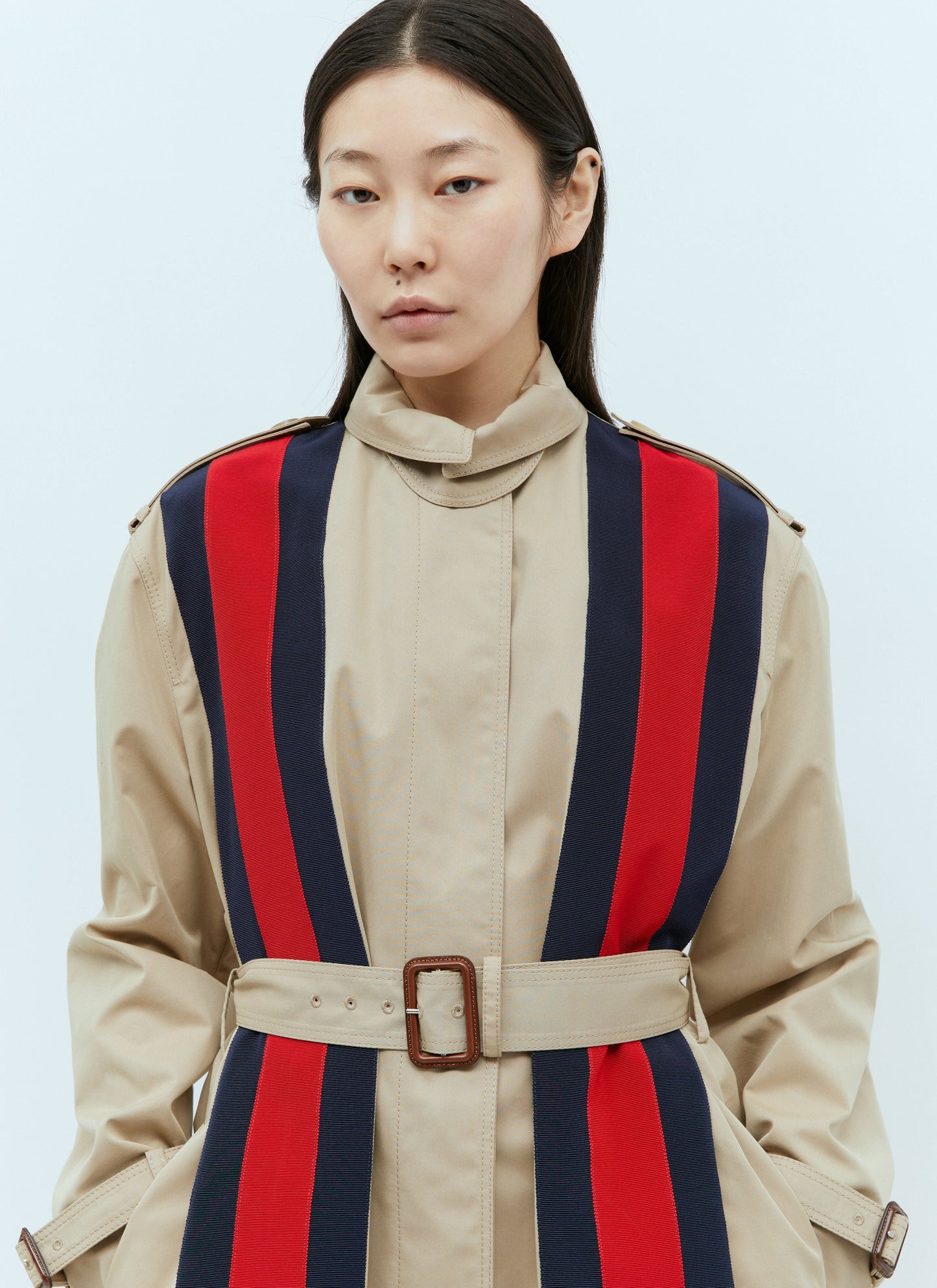 Gucci Women Gabardine Trench Coat With Web Stripe