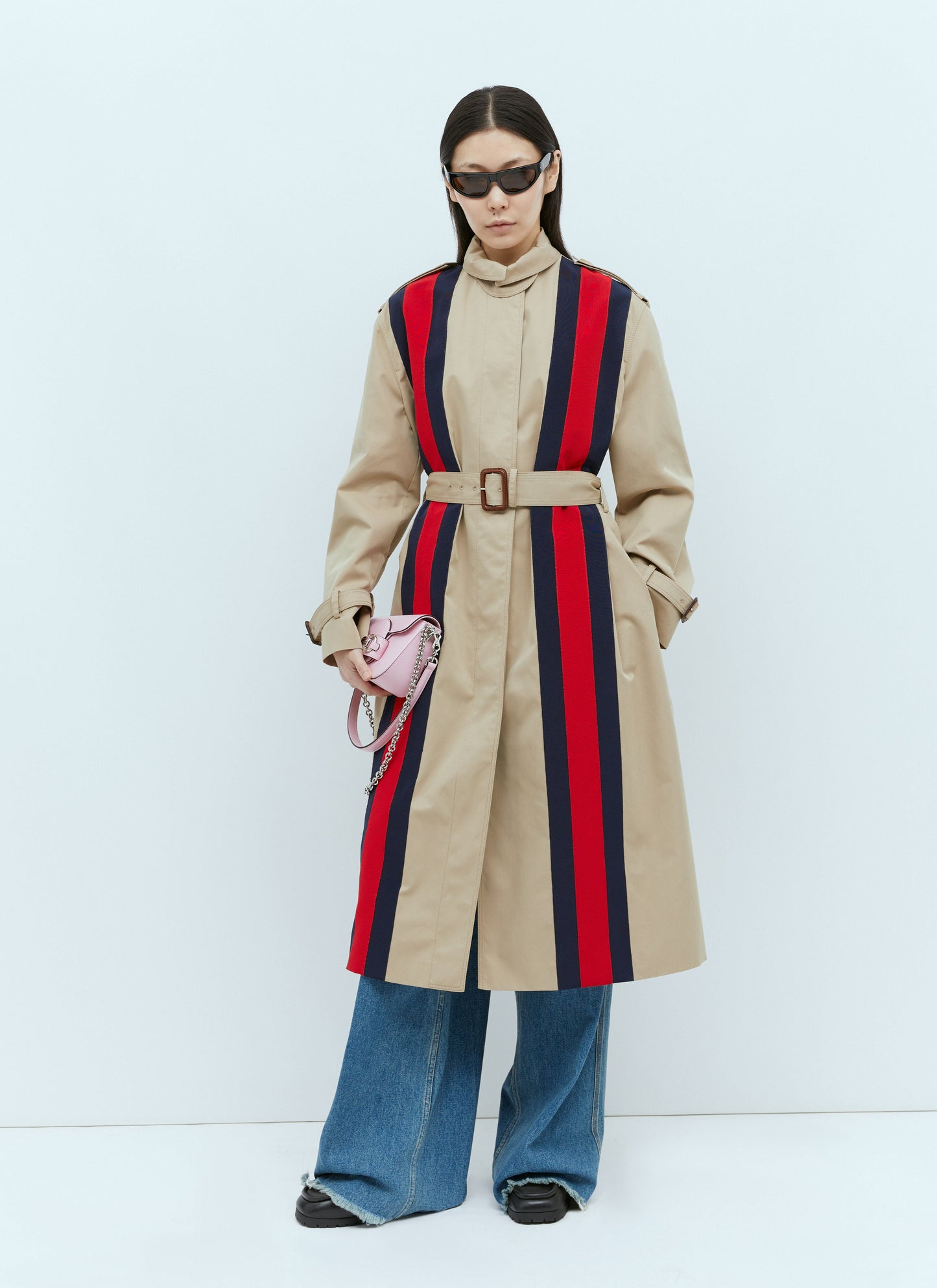 Gucci Women Gabardine Trench Coat With Web Stripe