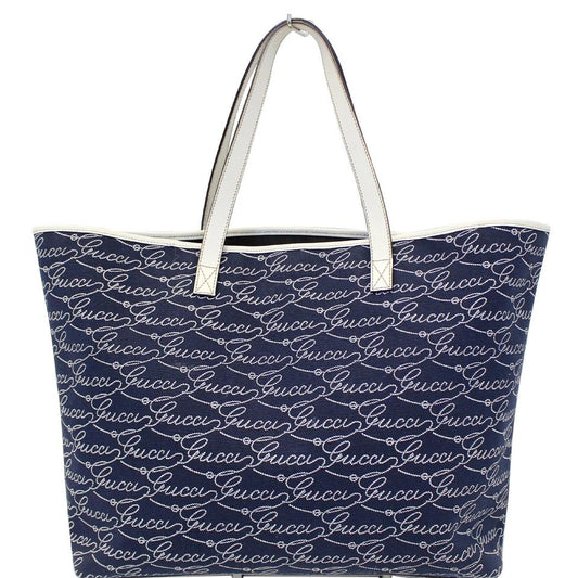 G*G Bag Large Script 257245 Blue/White Canvas Tote