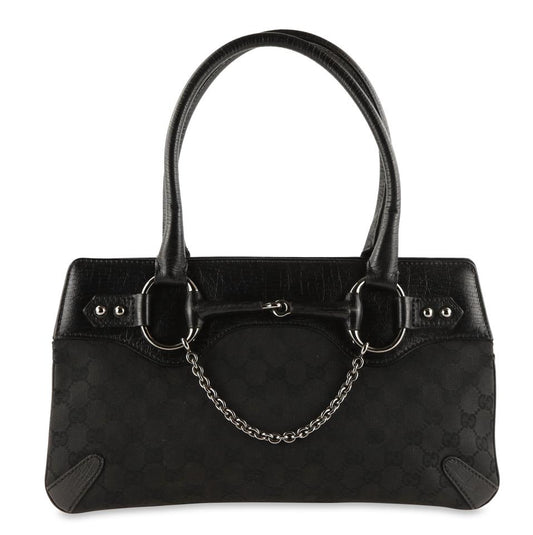 G*G Horsebit Chain Shoulder Bag Black Gg Canvas Tote